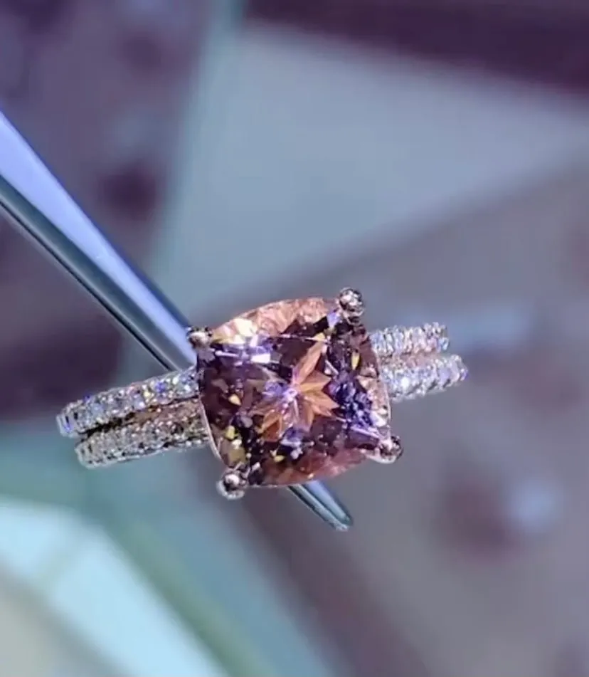 14K Gold Diamond 3D Band with Under Halo Morganite And Diamond Set