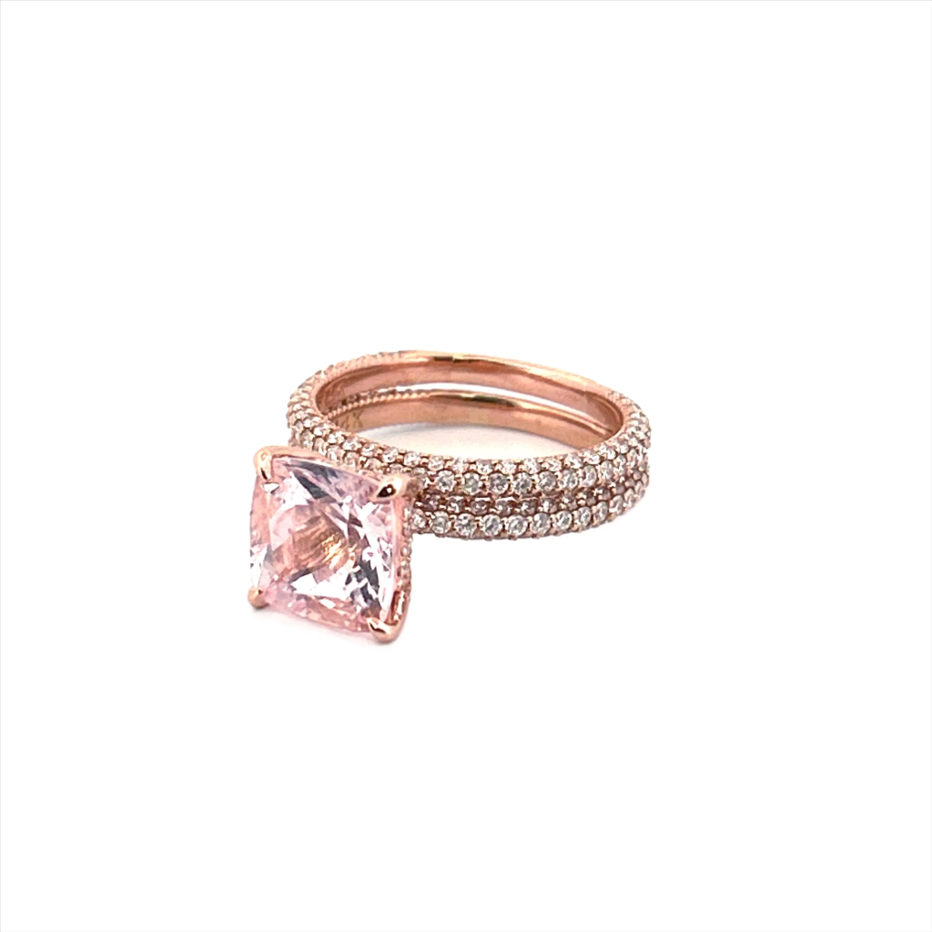 14K Gold Diamond 3D Band with Under Halo Morganite And Diamond Set