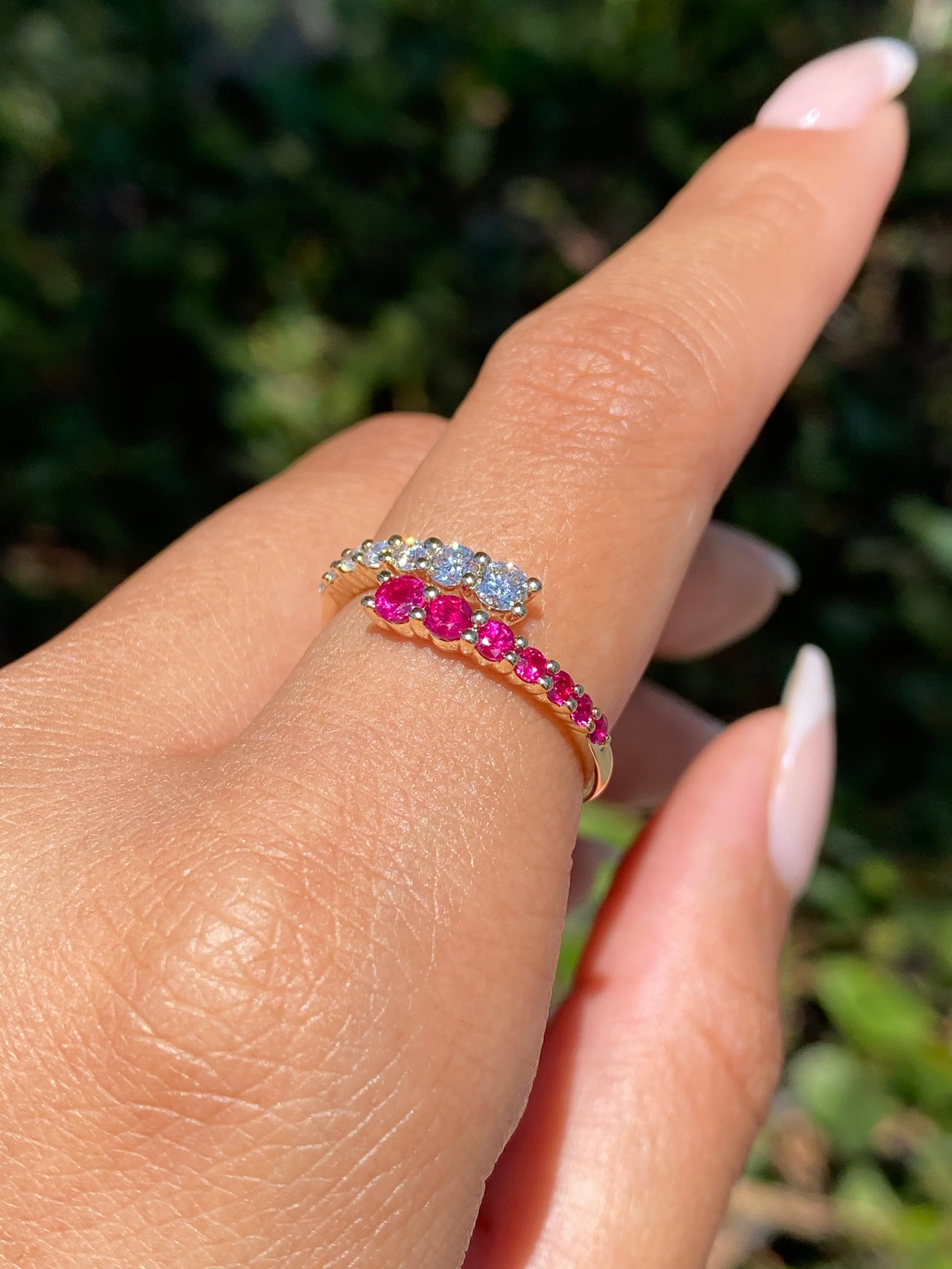 14K Gold Prong Set Ruby and Diamond Open Wrapped Band