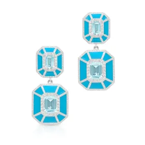 14KT White Gold Blue Topaz Turquoise Enamel Diamond Deco Earrings