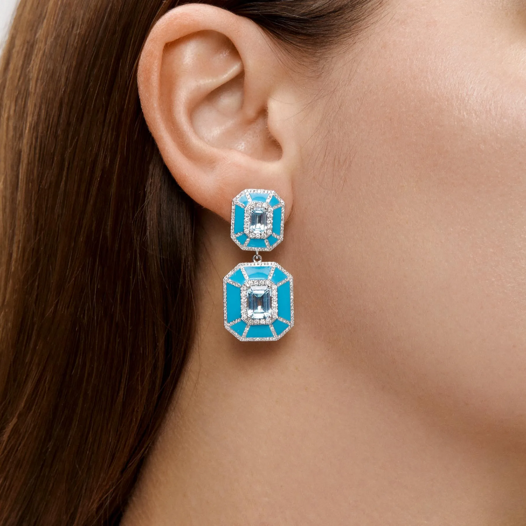 14KT White Gold Blue Topaz Turquoise Enamel Diamond Deco Earrings