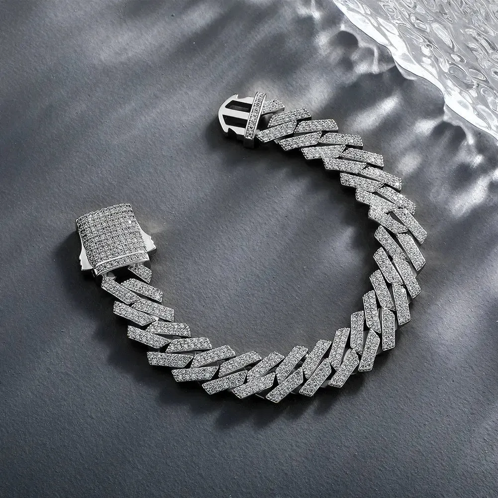 14mm Diamond Prong Cuban Bracelet in White Gold