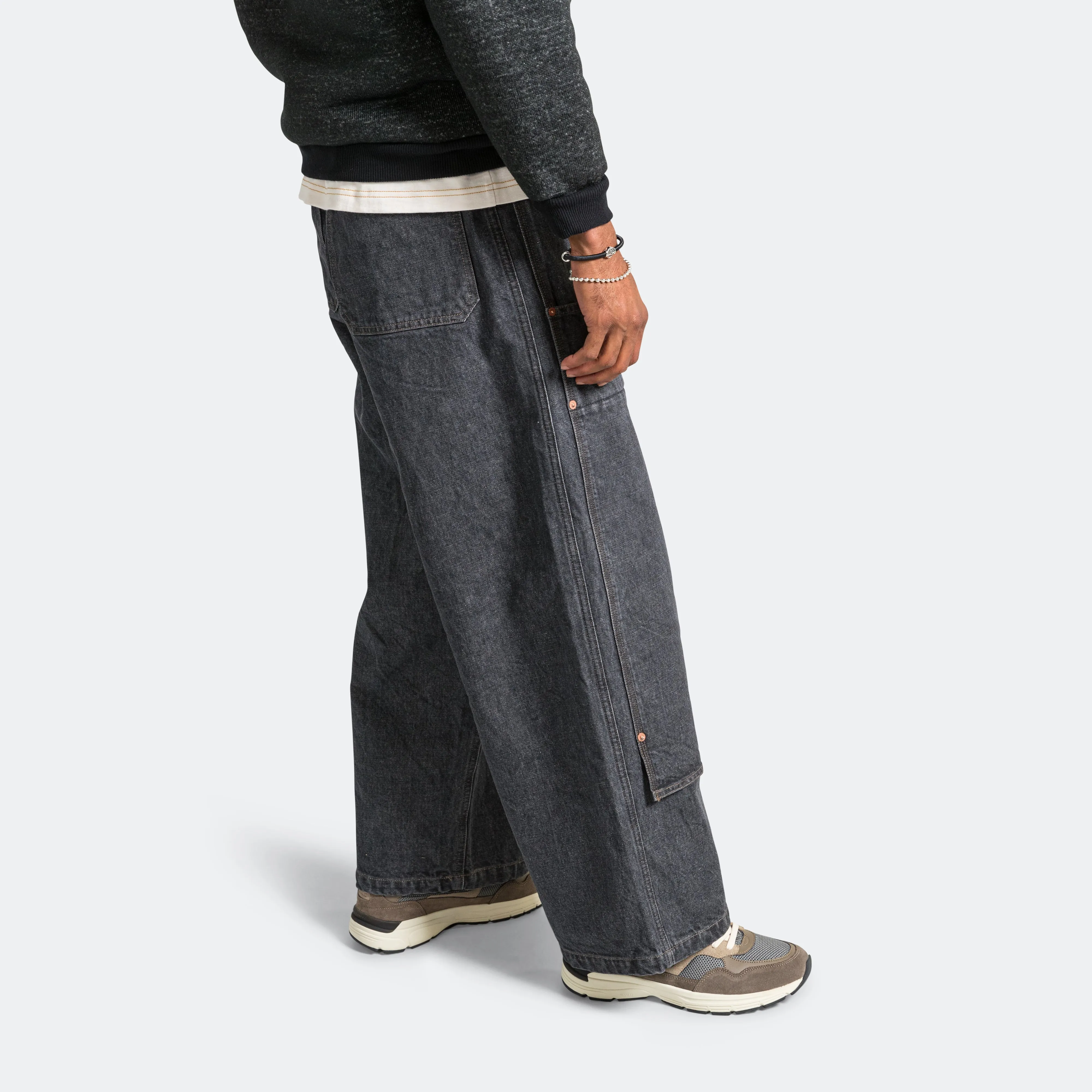 14oz BLKxECR Denim W-Knee EASY Pants - Black