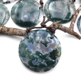 2 Hole Pendant Large Natural Green Moss Agate Circular Round Pendant Gemstone Focal Bead A5