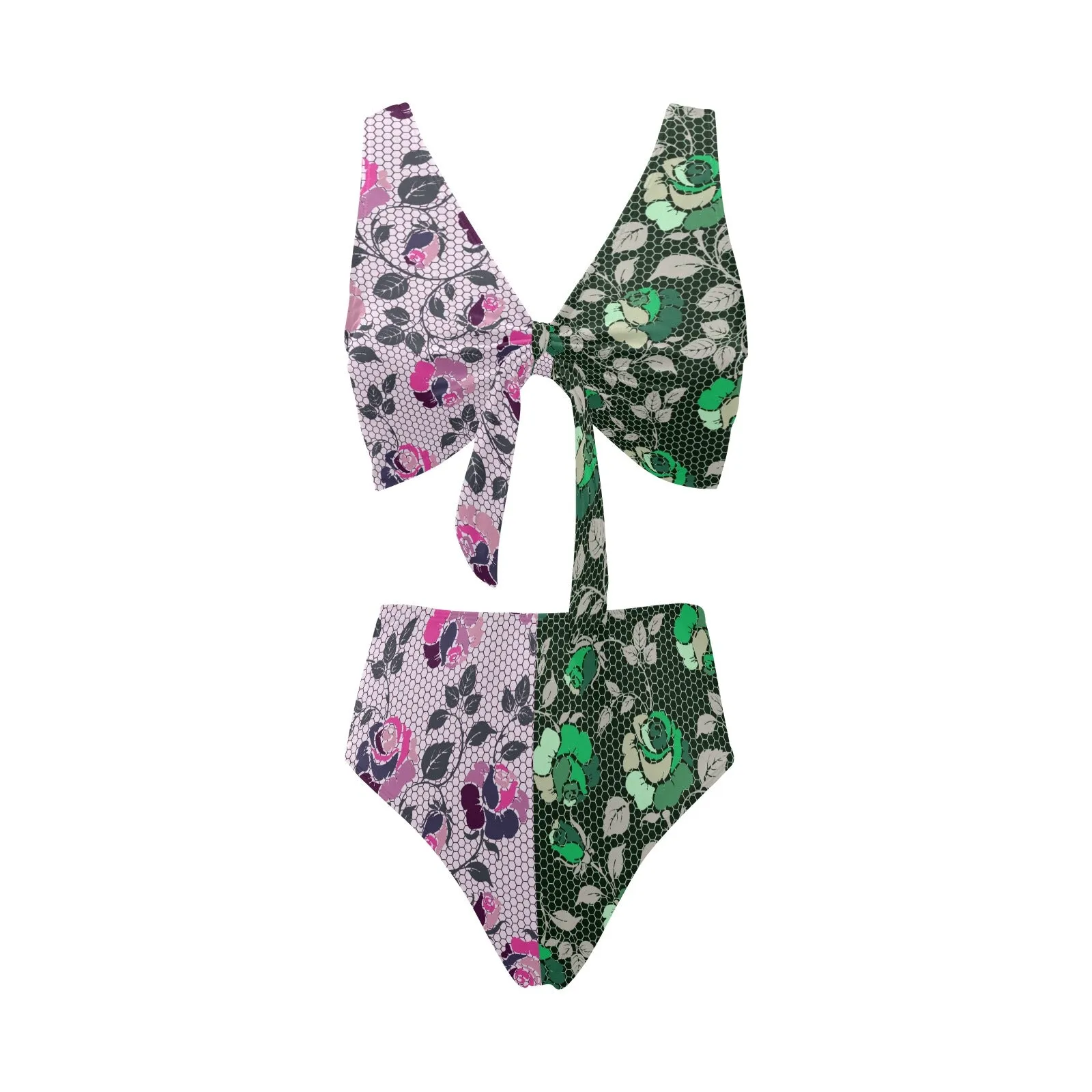 2 tone rose green pink print Chest Bowknot Bikini Swimsuit (Model S33)