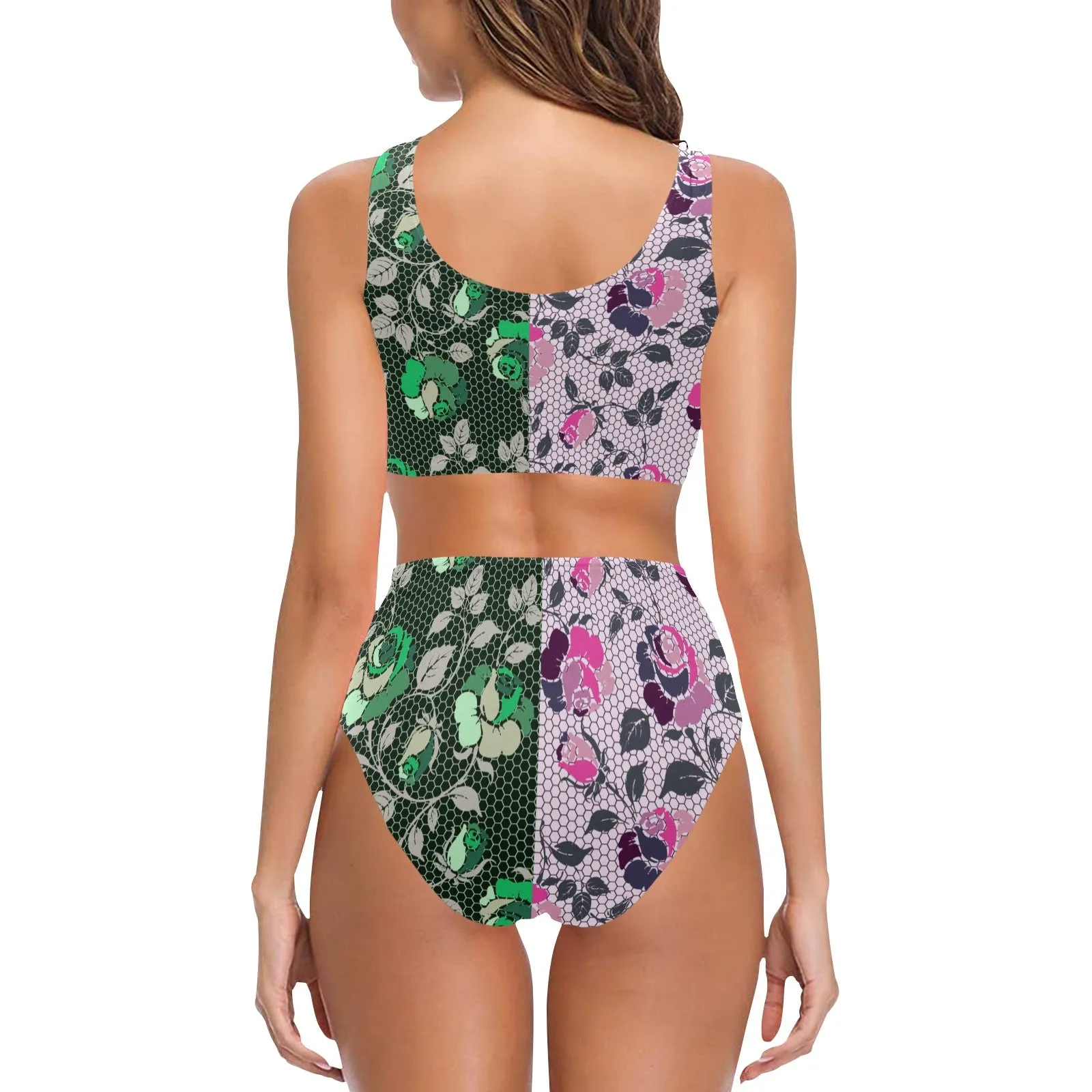 2 tone rose green pink print Chest Bowknot Bikini Swimsuit (Model S33)