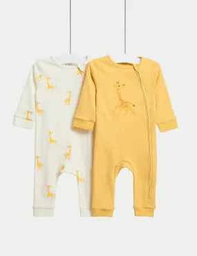 2pk Pure Cotton Giraffe Sleepsuits