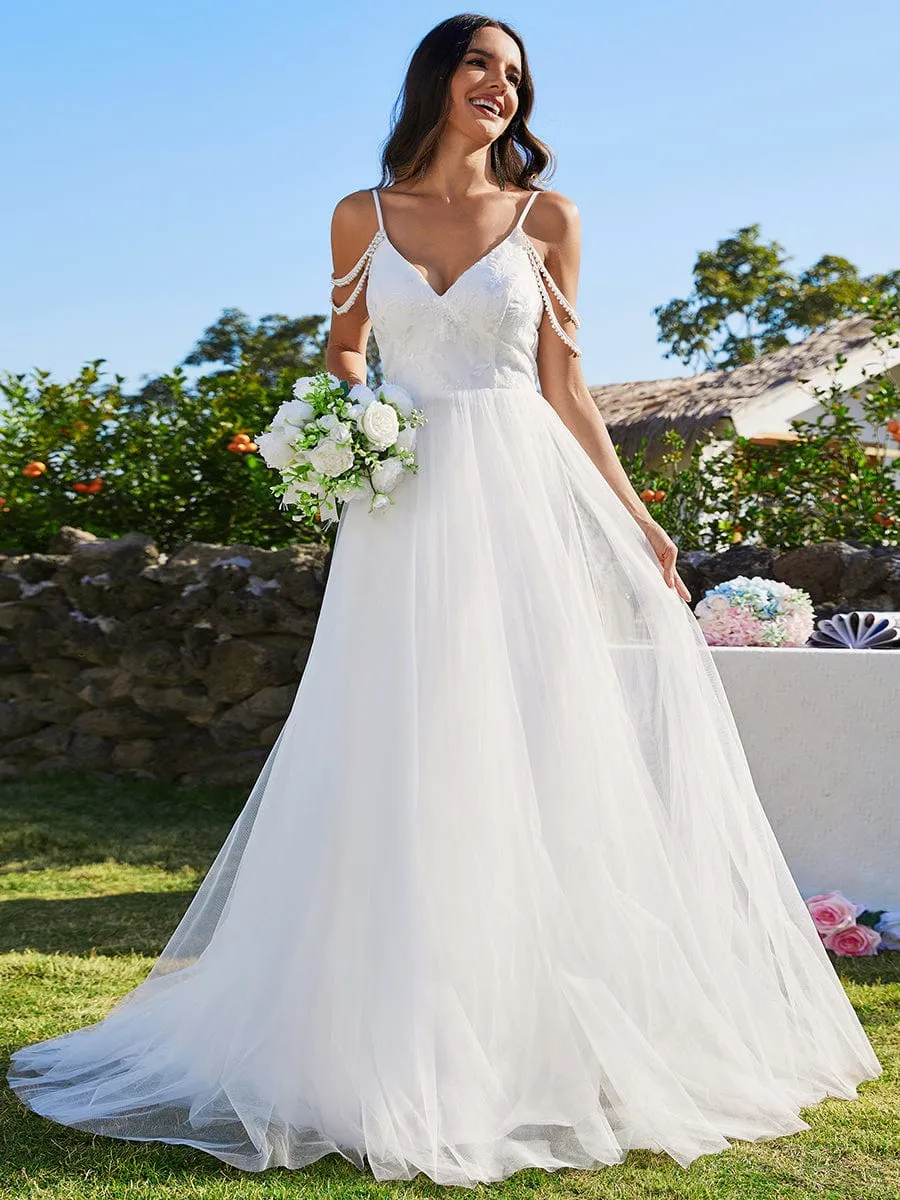 A-Line Pearl Spaghetti Strap Embroidered Tulle Wedding Dress with V-Neck