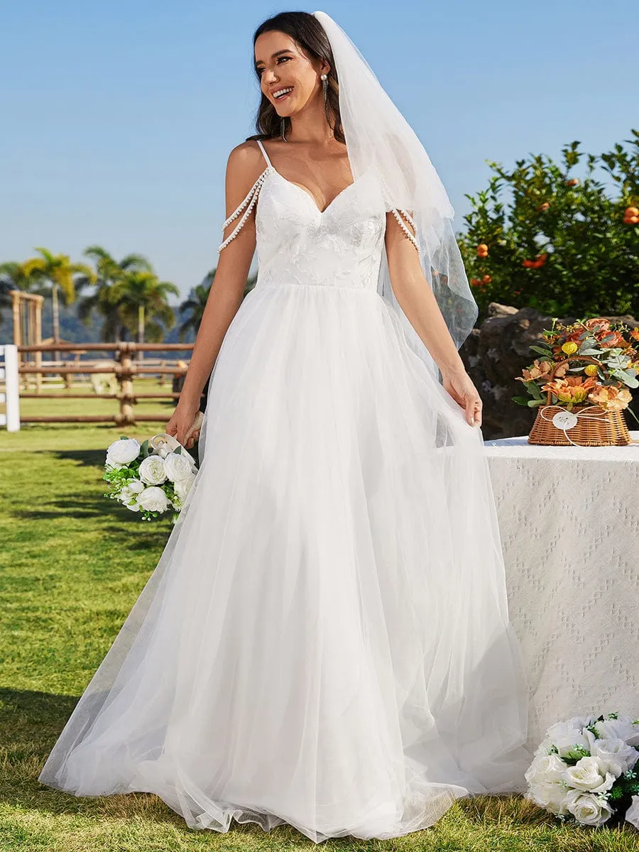 A-Line Pearl Spaghetti Strap Embroidered Tulle Wedding Dress with V-Neck