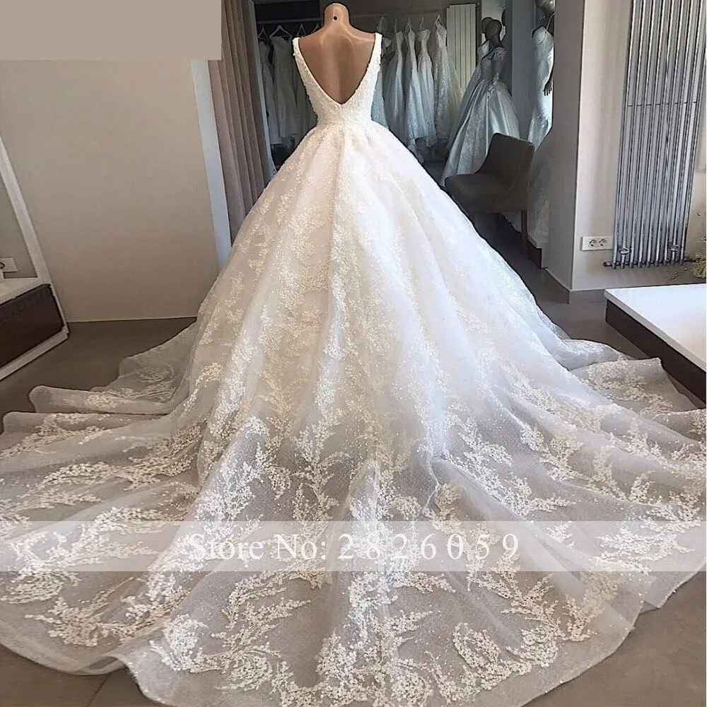 A-Line V-Neck Lace Sleeveless Sequins Beaded Backless Wedding Dresses