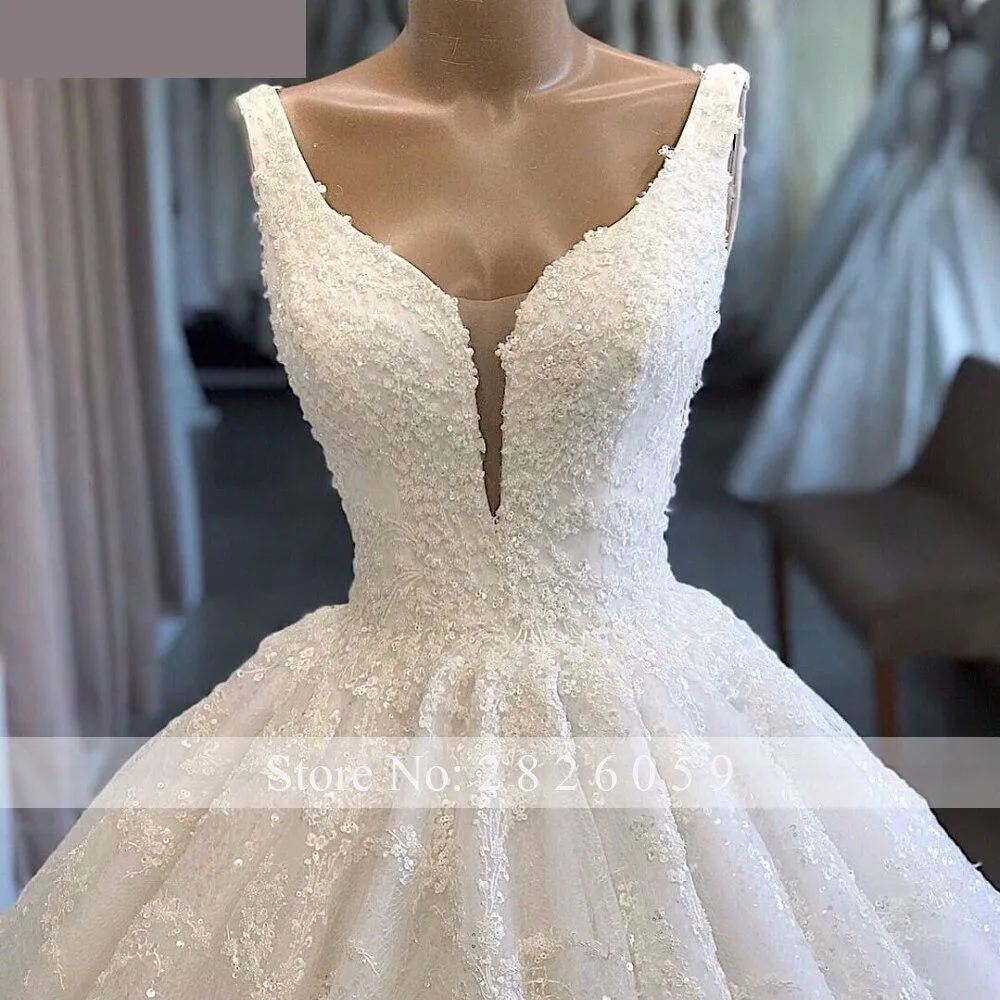 A-Line V-Neck Lace Sleeveless Sequins Beaded Backless Wedding Dresses