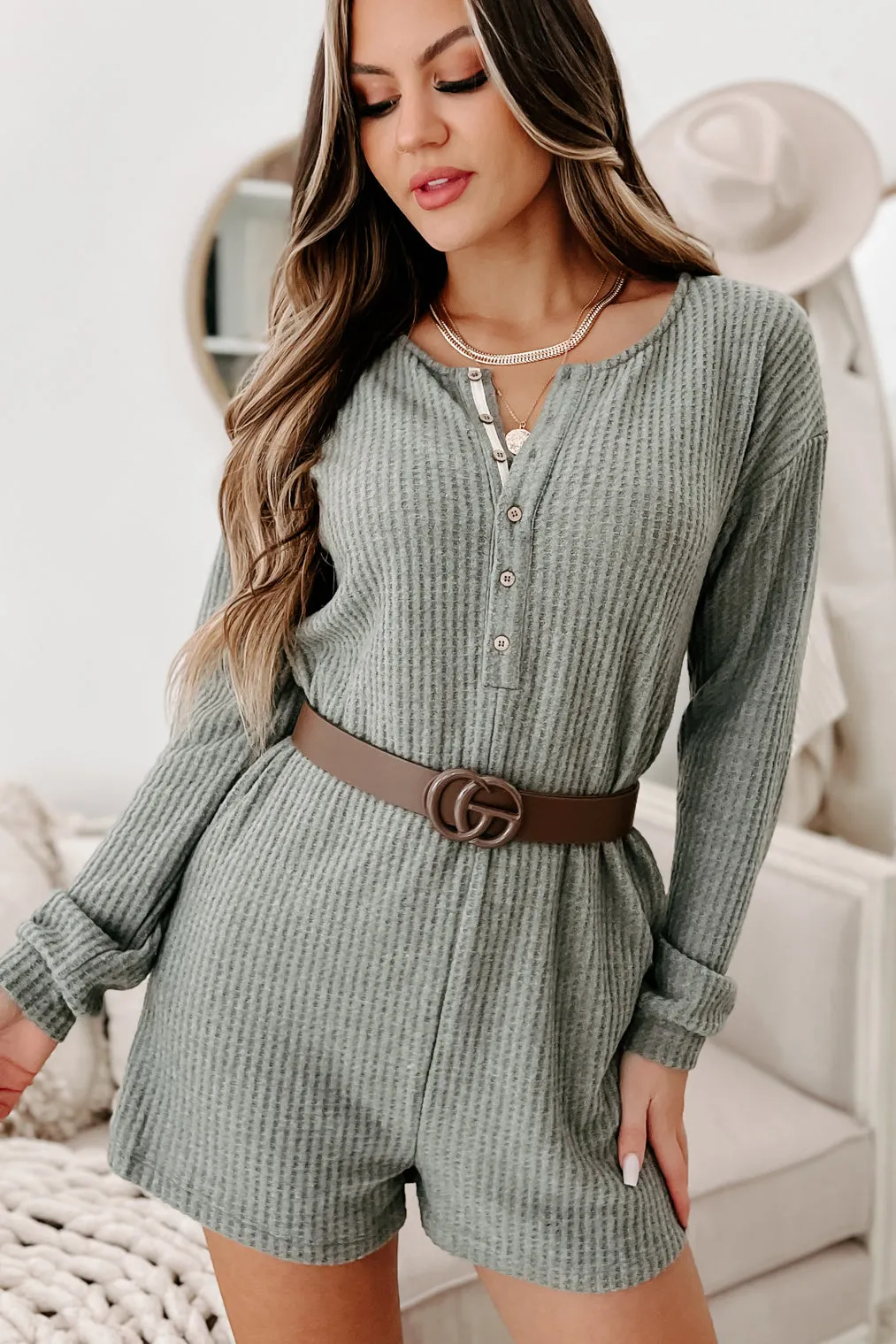 A Night At Home Long Sleeve Waffle Knit Romper (Grey Olive)