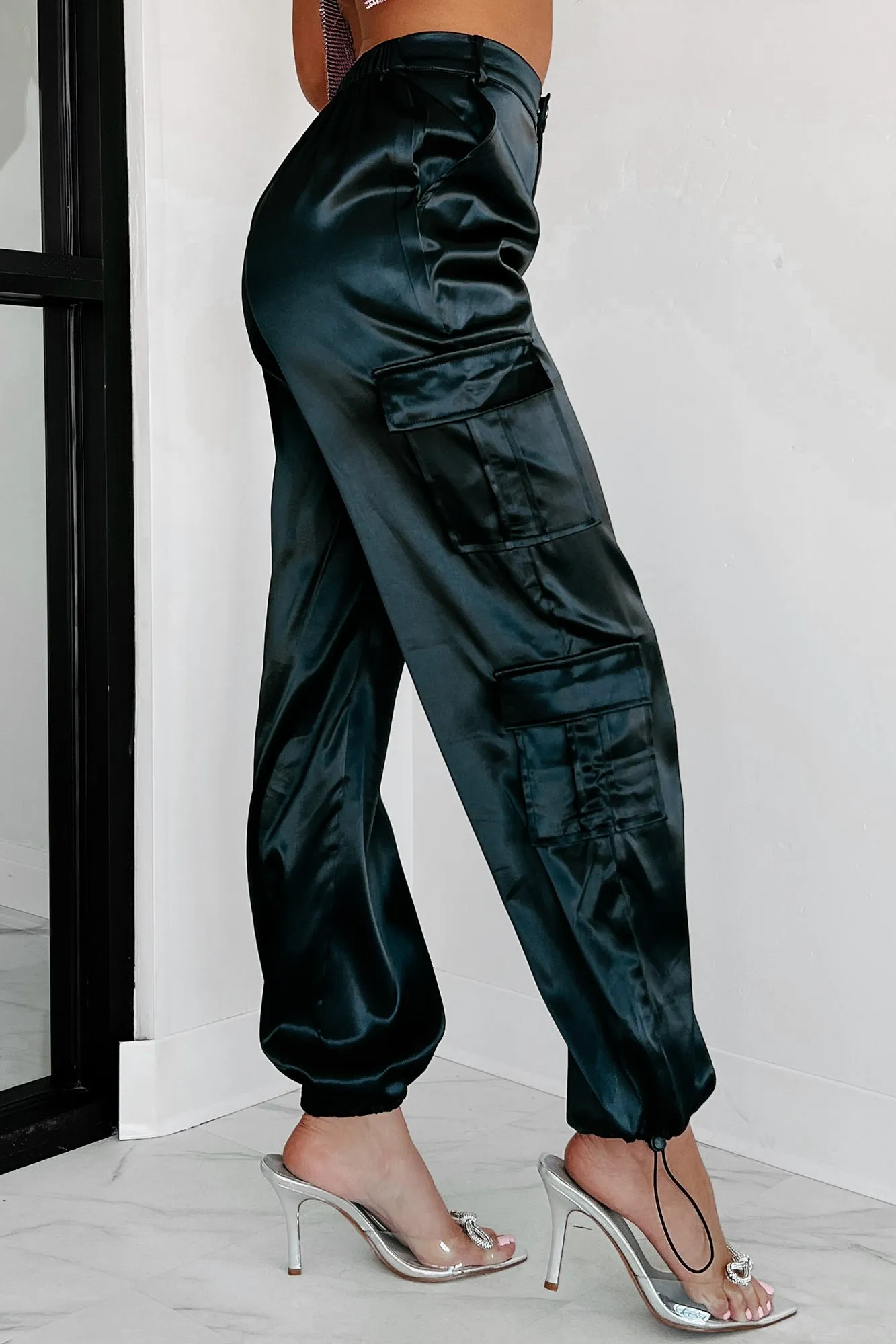 A Step Above Average Satin Cargo Pants (Black)