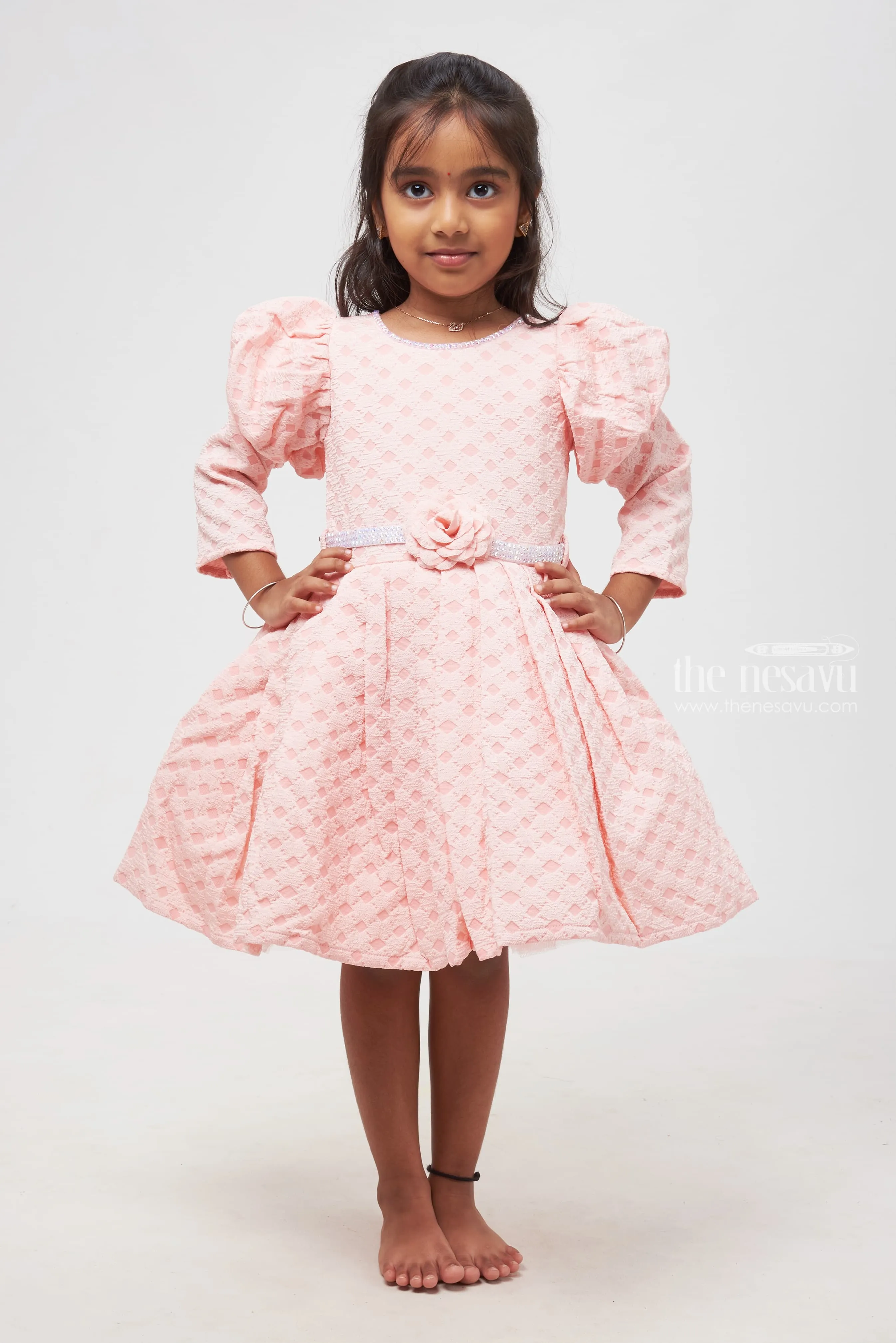 Adorable Pink Dress with Patterned Design & Rose Embellishment for Girls