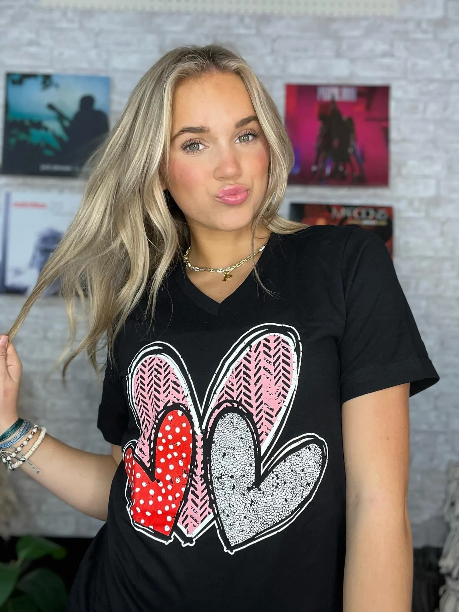 {ADORE YOU} Triple Pattern Hearts Black V-Neck Tee