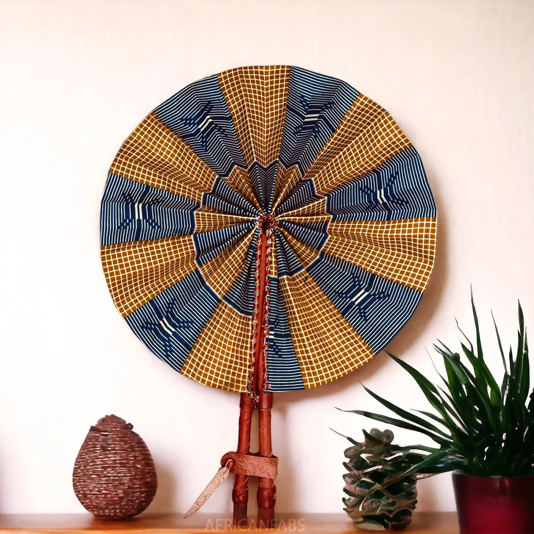 African Hand fan - Ankara print Hand fan - Akua - Blue / beige kente