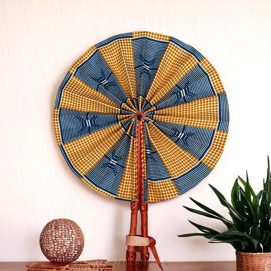 African Hand fan - Ankara print Hand fan - Akua - Blue / beige kente