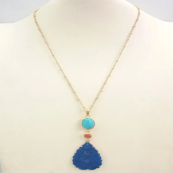 Amazonite with Carnelian and Carved Blue Jade Terra Firma Pendant