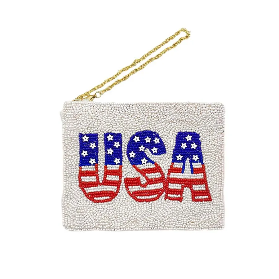 American USA Flag Message Seed Beaded Mini Pouch Bag