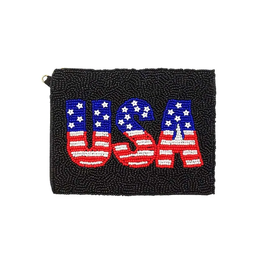 American USA Flag Message Seed Beaded Mini Pouch Bag