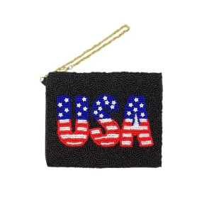 American USA Flag Message Seed Beaded Mini Pouch Bag