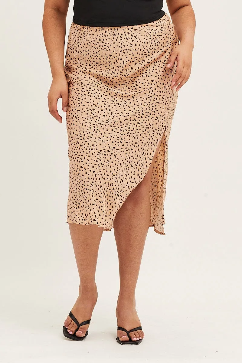 Animal Print Satin Slit Midi Skirt