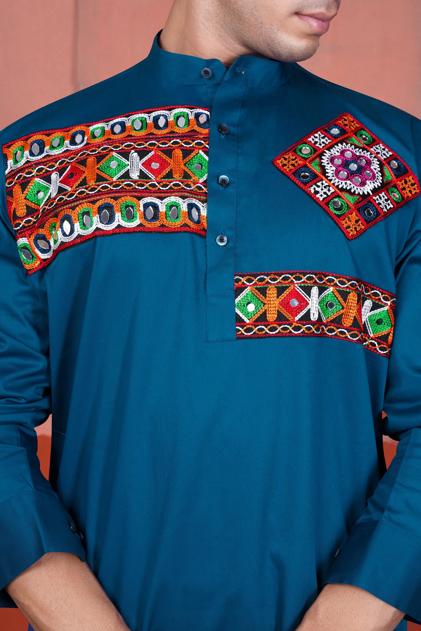 Astronaut Blue Multicolour Kutch Work Patches with Mirror Work Subtle Sheen Super Soft Premium Cotton Designer Kurta Set