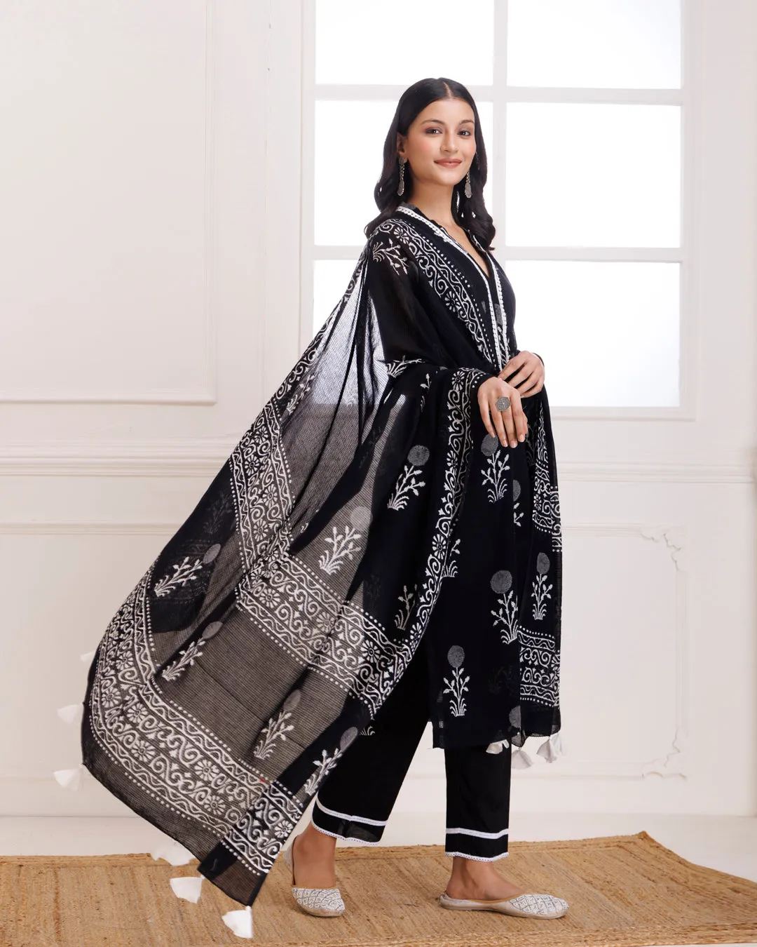 Black Butta Hand Block Print Moonga Suit Set