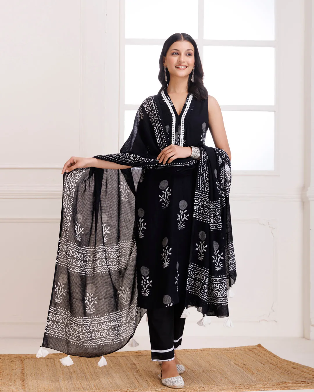 Black Butta Hand Block Print Moonga Suit Set