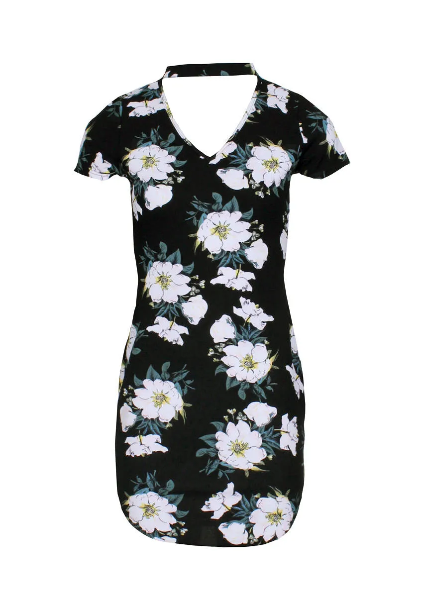 Black Floral Choker Mini Bodycon Dress