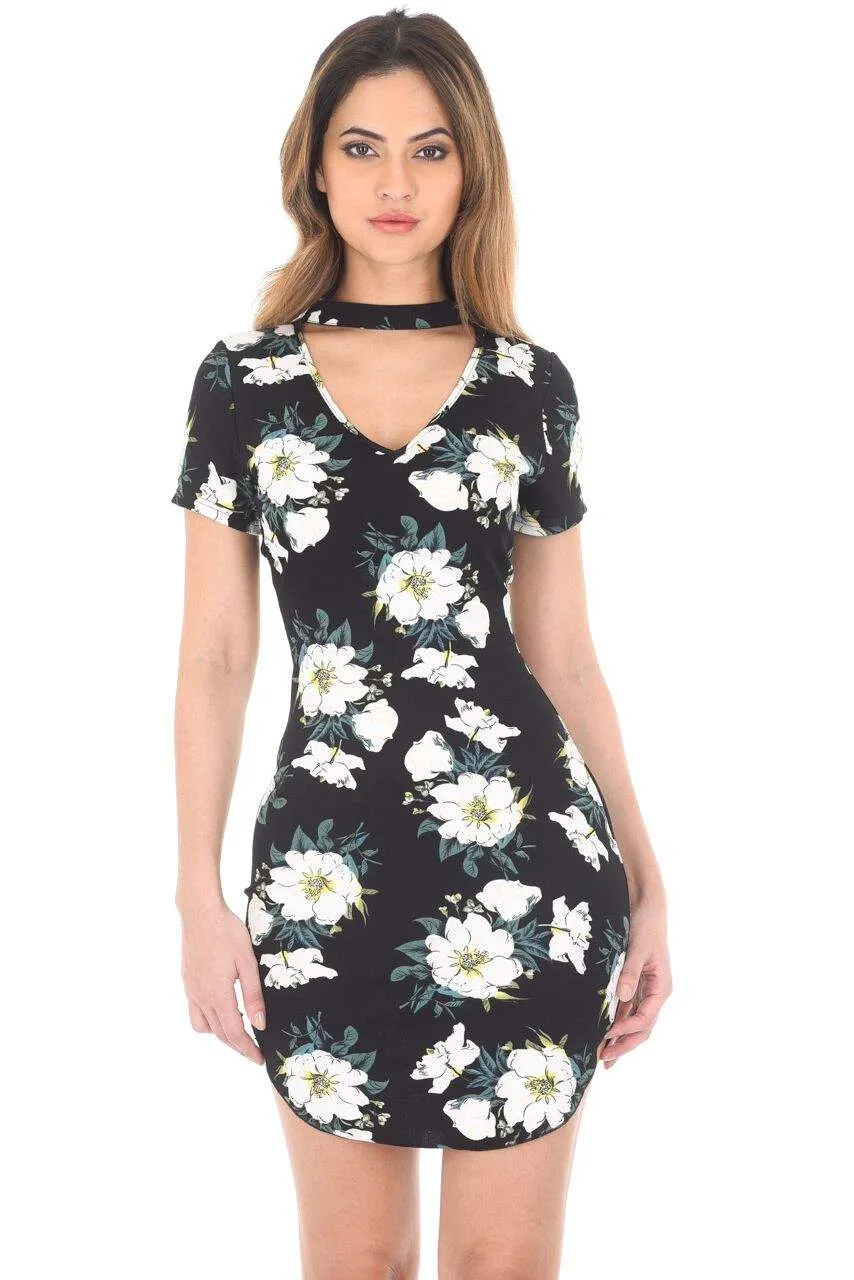 Black Floral Choker Mini Bodycon Dress