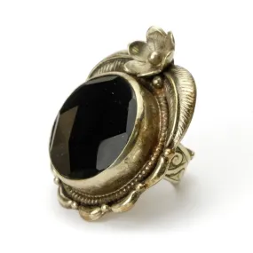 Black Onyx Faceted Cabochon Sterling Silver Adjustable Ring Large