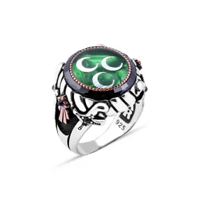 Black Onyx Stone Rim Around Green Circle Enameled Three Crescent Moon Silver Men's Ring Siding Double Sword and Ribbon