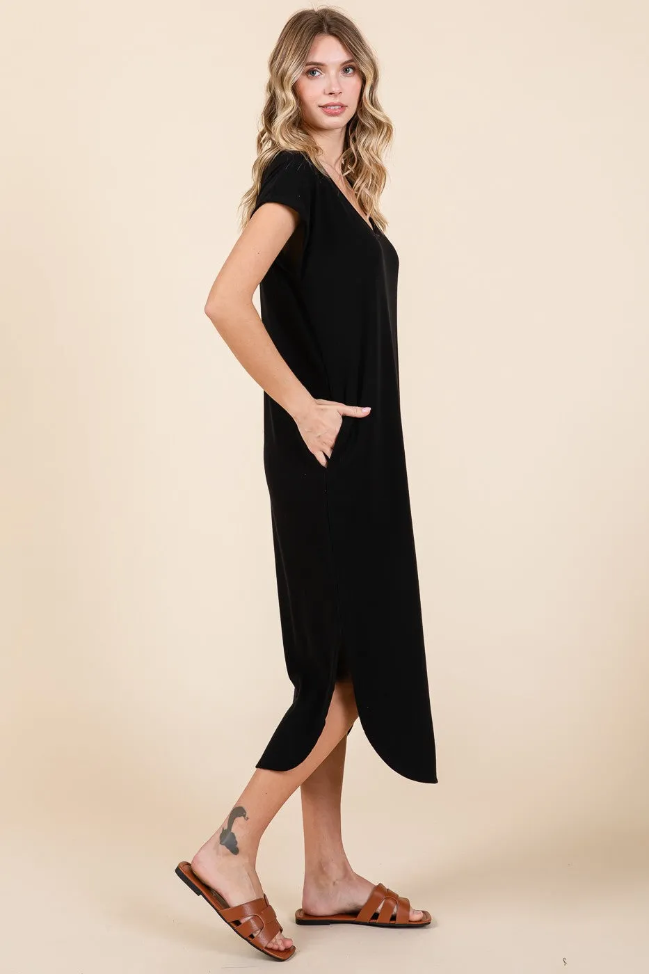 Black Rib Knit Scoop Neck Midi Dress