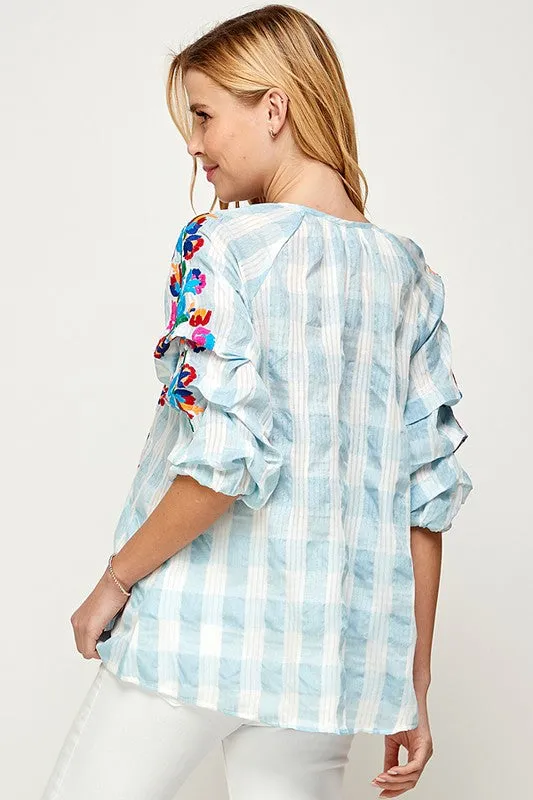 BLUE AND WHITE GINGHAM CHECKERED FLORAL EMBROIDERED TUCKED SLEEVED 3/4 SLEEVE TOP