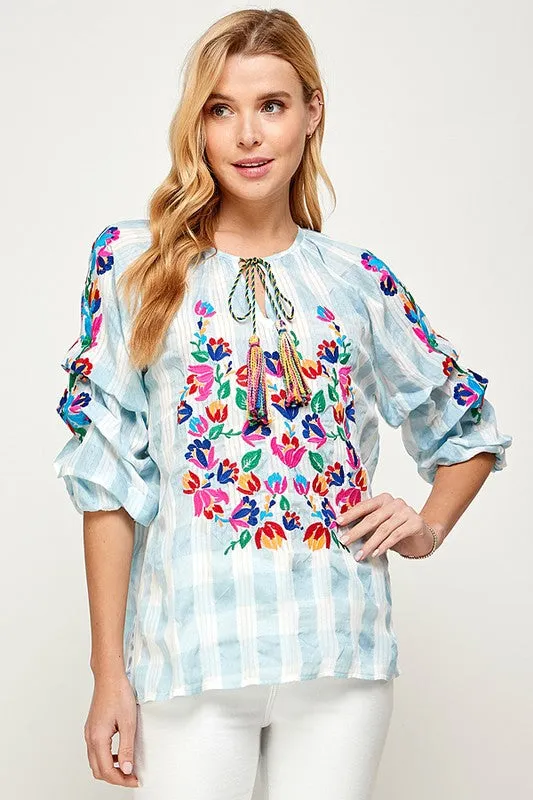 BLUE AND WHITE GINGHAM CHECKERED FLORAL EMBROIDERED TUCKED SLEEVED 3/4 SLEEVE TOP