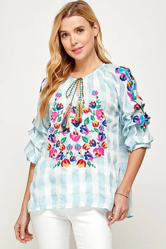 BLUE AND WHITE GINGHAM CHECKERED FLORAL EMBROIDERED TUCKED SLEEVED 3/4 SLEEVE TOP