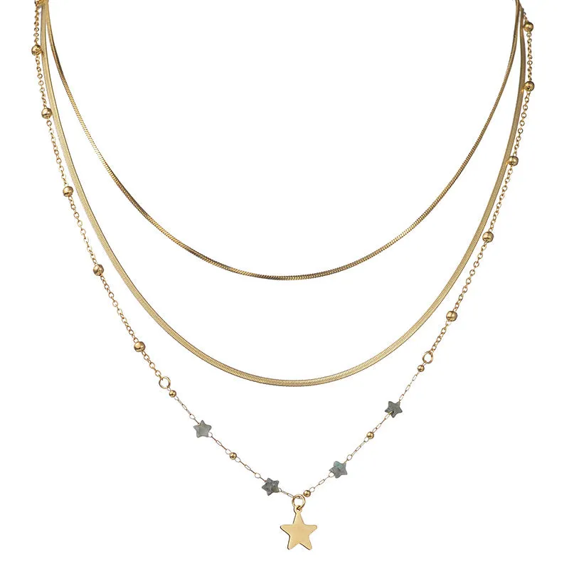 Boho Star 14K Gold Plated Steel Multi-Layer Blade Chain Necklace