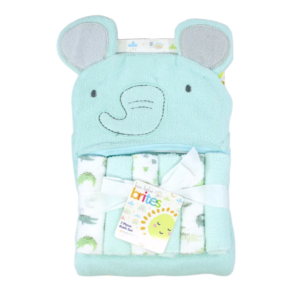 Bon Bebe Animal Hooded Towel & 6 Pc Washcloths Set - Elephant