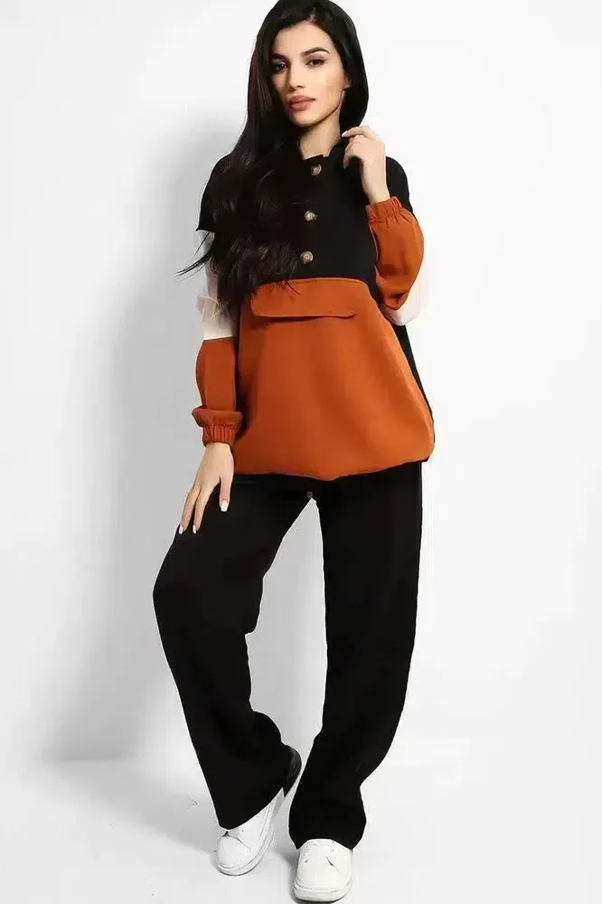 Brown Black Colourblock Longline Sweatshirt And Wide Leg Trousers Modest Set