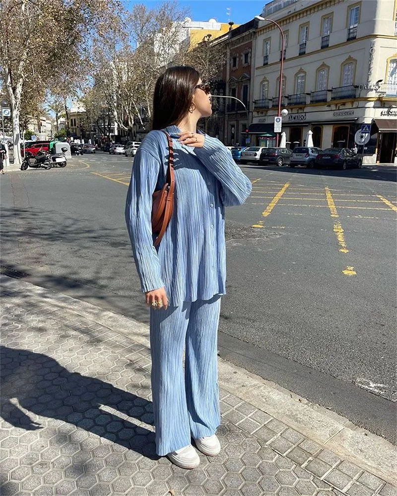 Casual Loose Pleated Collared Shirt And Wide Leg Trousers Loungewear Set