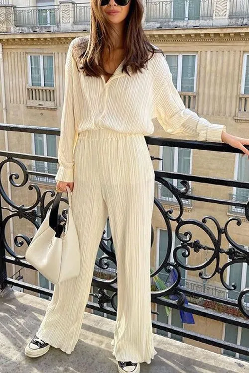 Casual Loose Pleated Collared Shirt And Wide Leg Trousers Loungewear Set