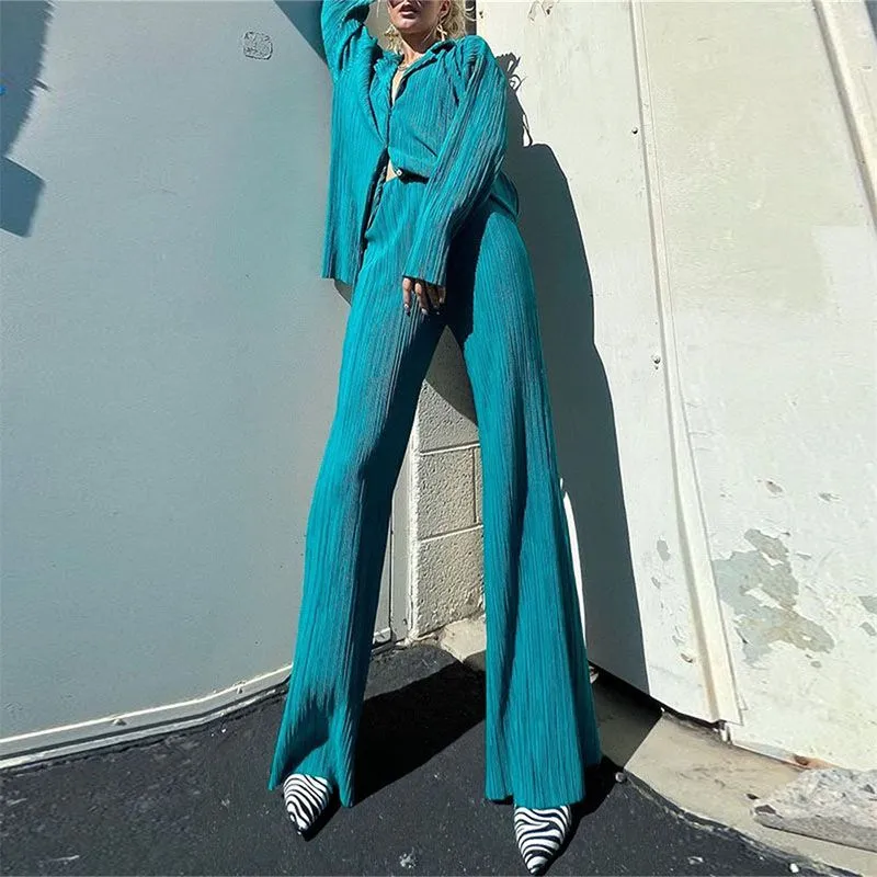 Casual Loose Pleated Collared Shirt And Wide Leg Trousers Loungewear Set