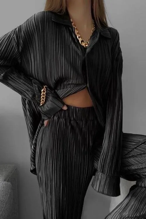 Casual Loose Pleated Collared Shirt And Wide Leg Trousers Loungewear Set