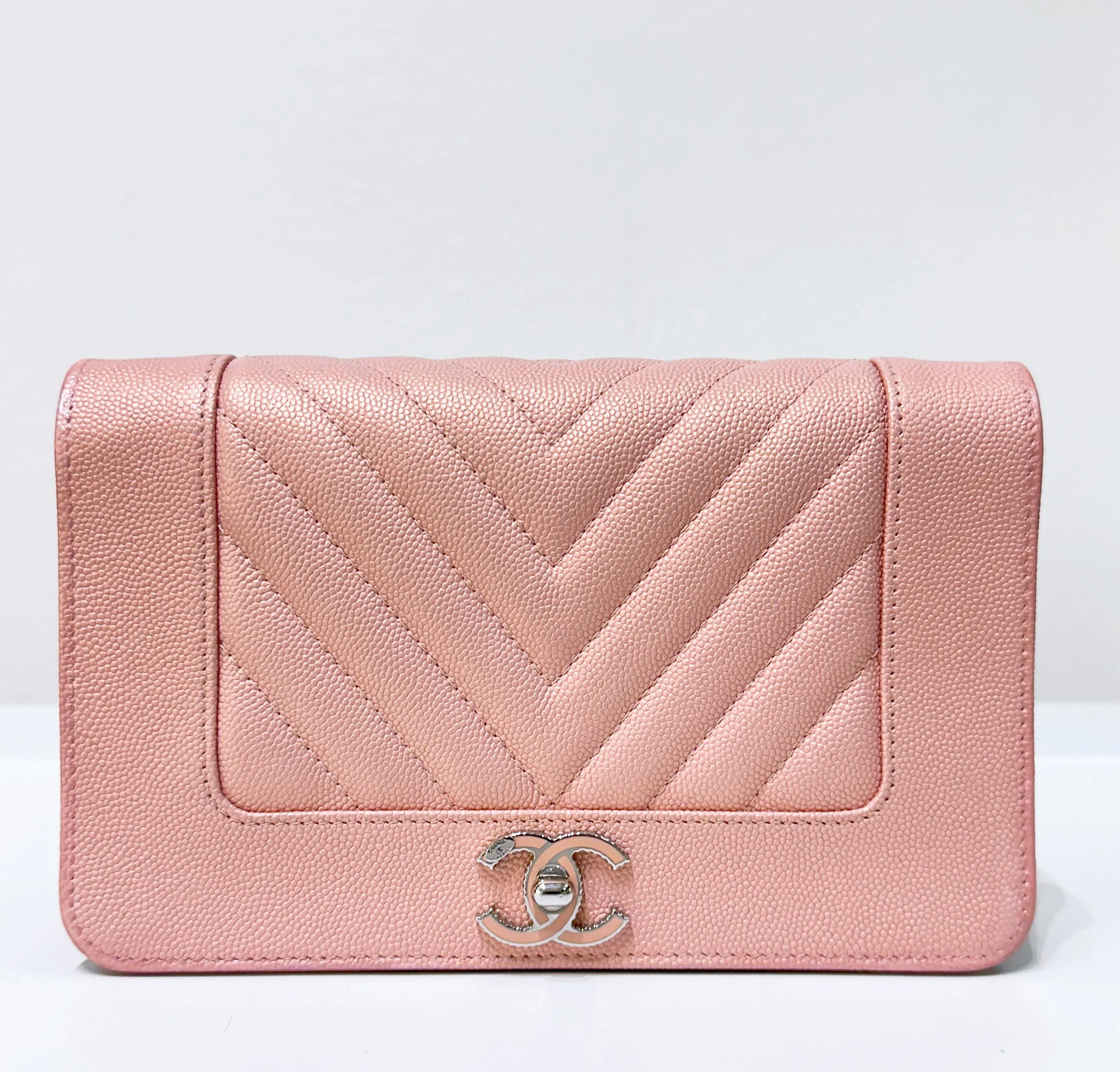 CHANEL Metallic Caviar Chevron Quilted Vintage Mademoiselle Wallet On Chain WOC Pink