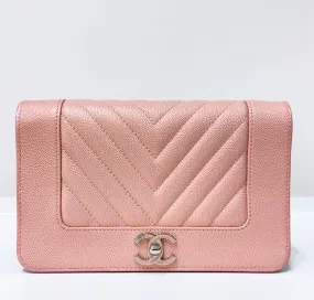 CHANEL Metallic Caviar Chevron Quilted Vintage Mademoiselle Wallet On Chain WOC Pink