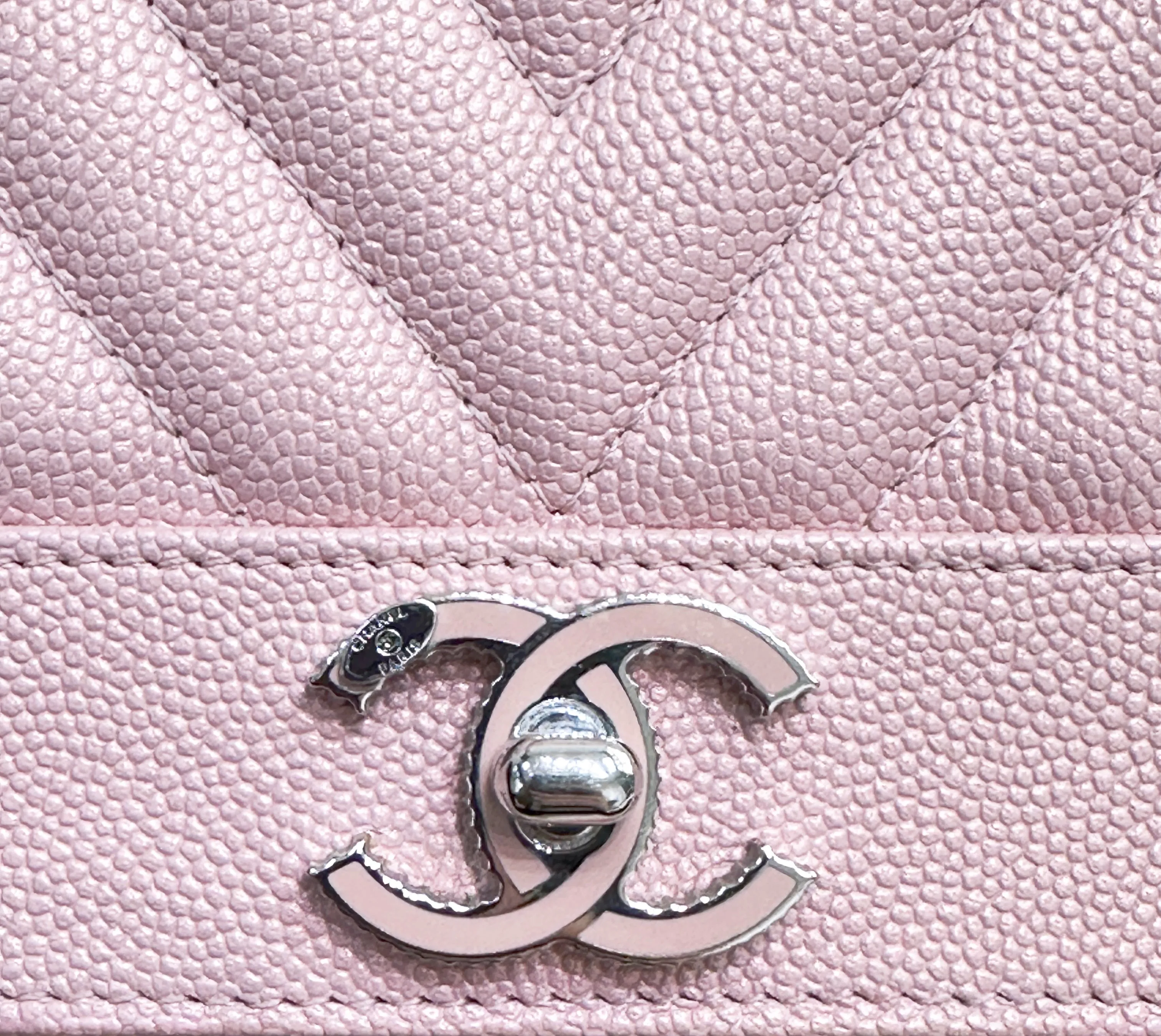 CHANEL Metallic Caviar Chevron Quilted Vintage Mademoiselle Wallet On Chain WOC Pink