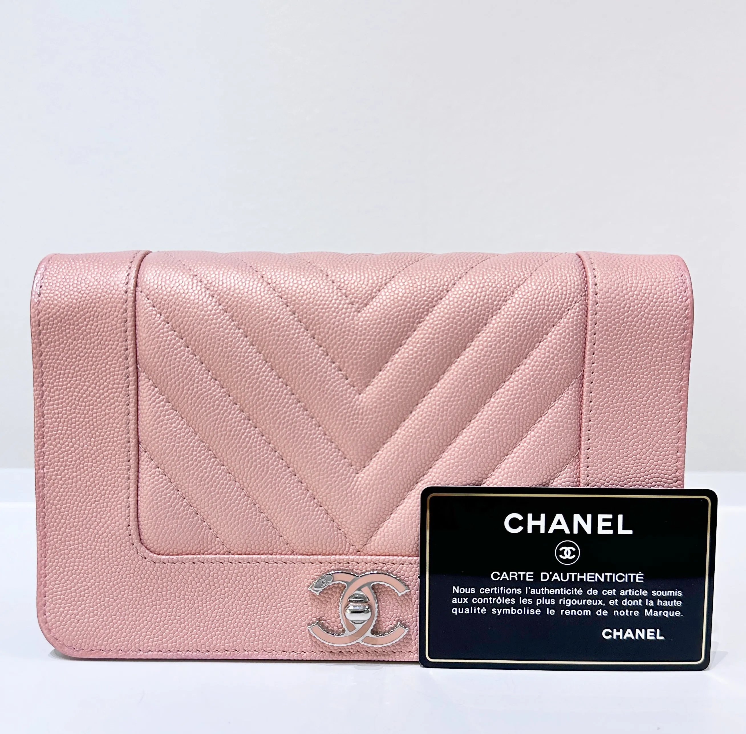 CHANEL Metallic Caviar Chevron Quilted Vintage Mademoiselle Wallet On Chain WOC Pink