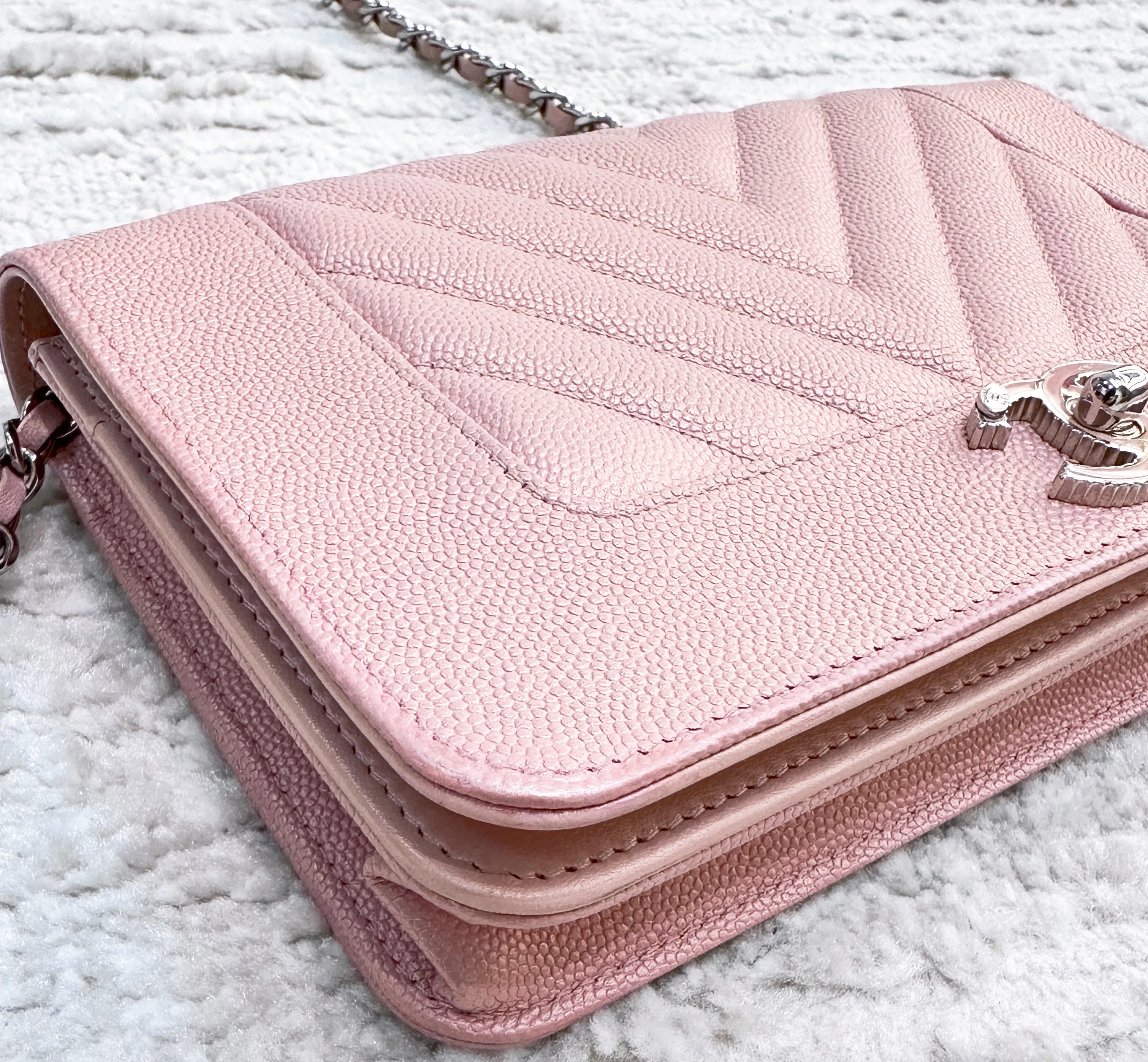 CHANEL Metallic Caviar Chevron Quilted Vintage Mademoiselle Wallet On Chain WOC Pink