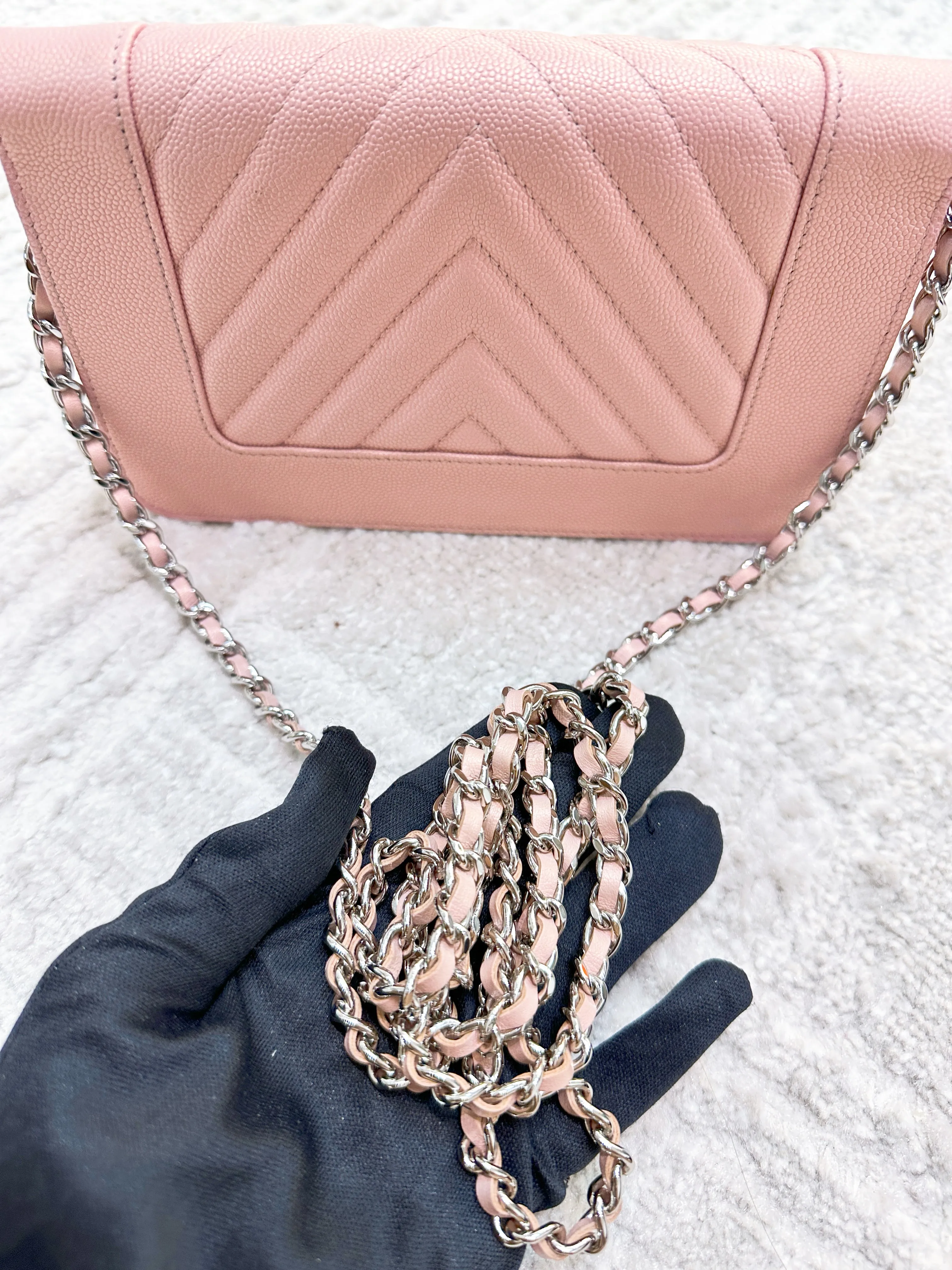 CHANEL Metallic Caviar Chevron Quilted Vintage Mademoiselle Wallet On Chain WOC Pink